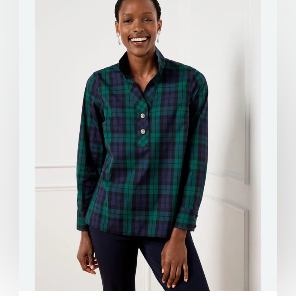 TALBOTS NWT NON-IRON POPOVER PLAID CRYSTAL BUTTONS SZ PETITE MEDIUM